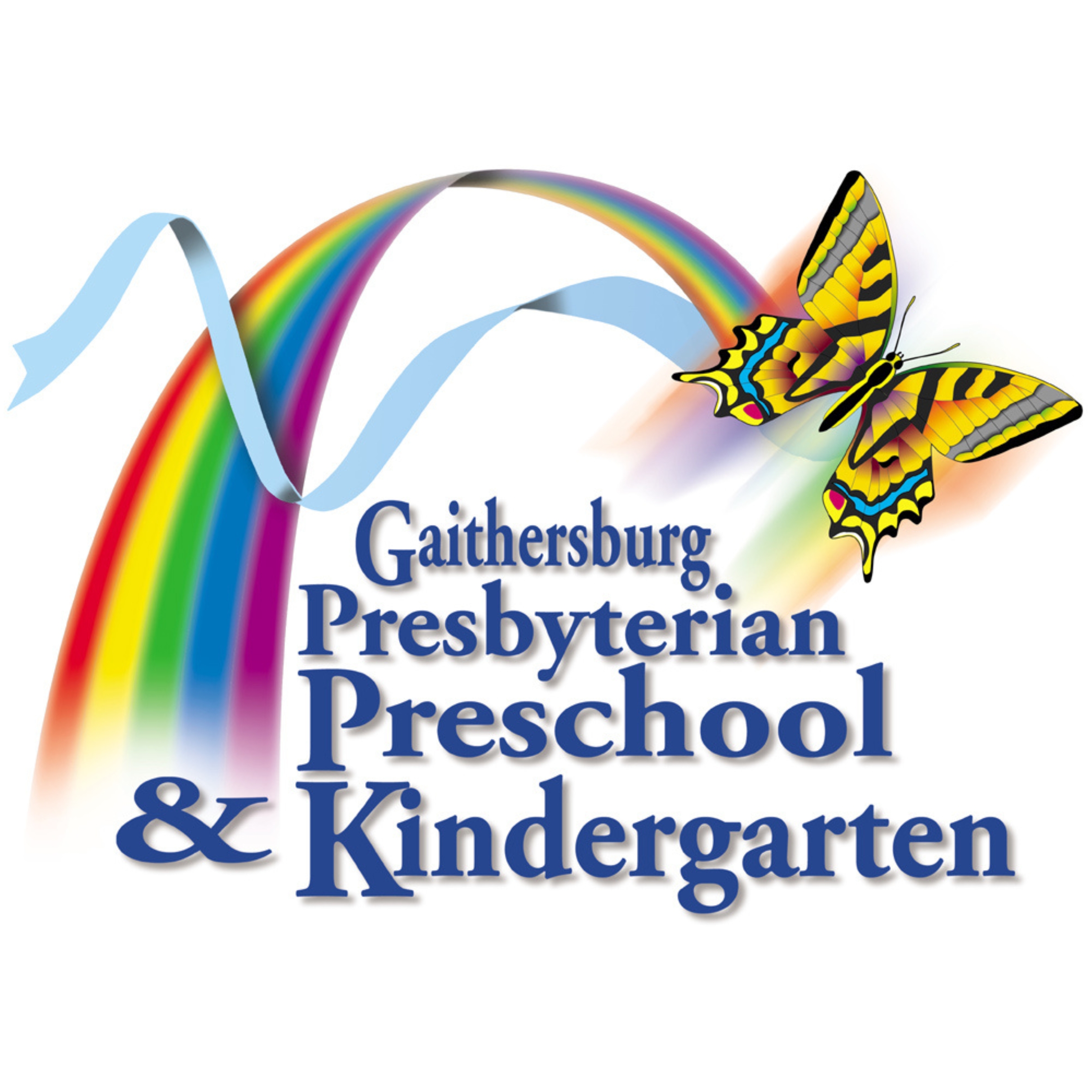 Gaithersburg Presbyterian Preschool & Kindergarten Logo with butterfly, ribbon, and rainbow